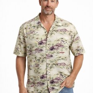 GAP Hawaiian Aloha Shirt Mens L Tropical Palm Tree Tiki Camp Shirt